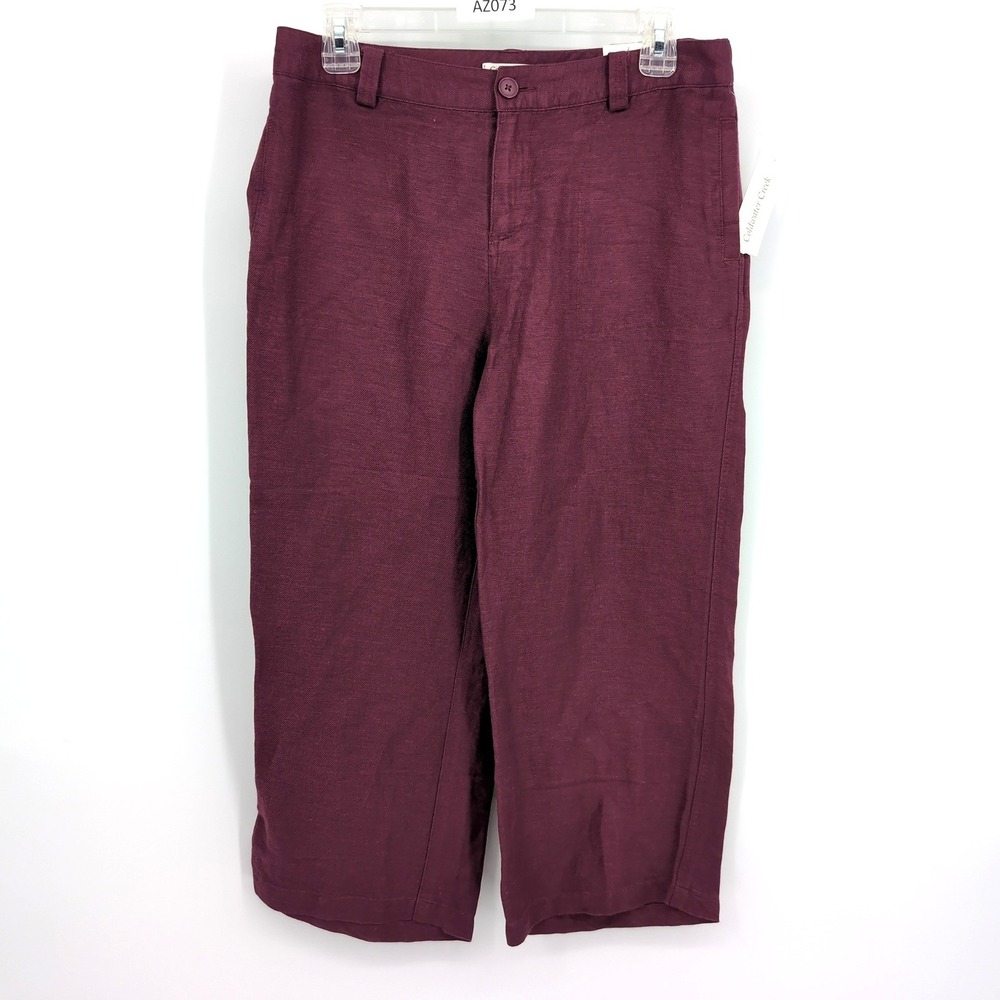 Coldwater Creek Pants Burgundy Natural Linen Twill Cropped Leg Womens Size 4